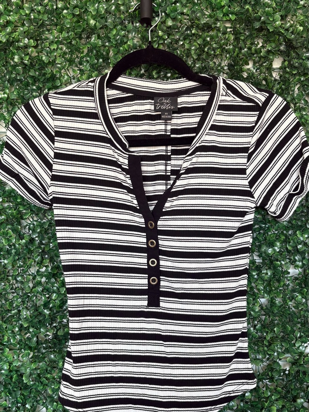 Oak + Ivy Black & White Striped Short-Sleeve Henley Top